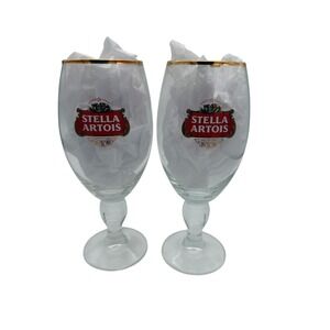 Stella Artois 7" Beer Glasses Gold Rimmed Set of 2 Chalice Stemware